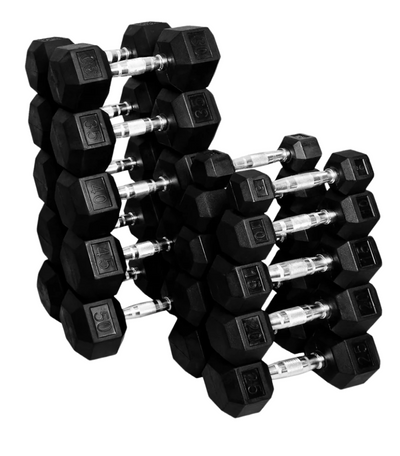 French Fitness Rubber Coated Hex Dumbbell Set 5-50 lbs